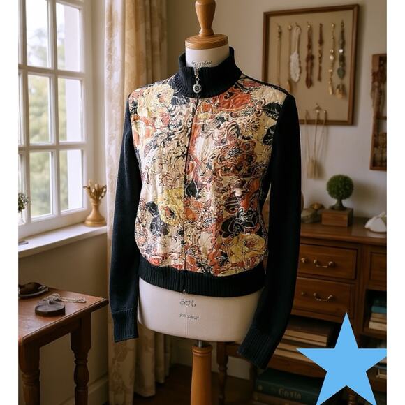 St. John Vtg. Y2K Fall Colors & Black Quilted Zip Front Cardigan Sweater Sz 4 S - Picture 3 of 16